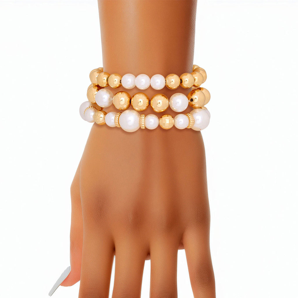 Stretch Bracelet Set 3 Pcs Gold Bead and White Pearl Stylish Chic Accessories
