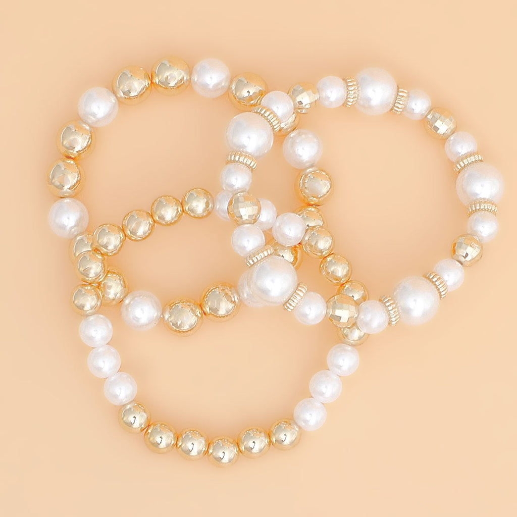 Stretch Bracelet Set 3 Pcs Gold Bead and White Pearl Stylish Chic Accessories