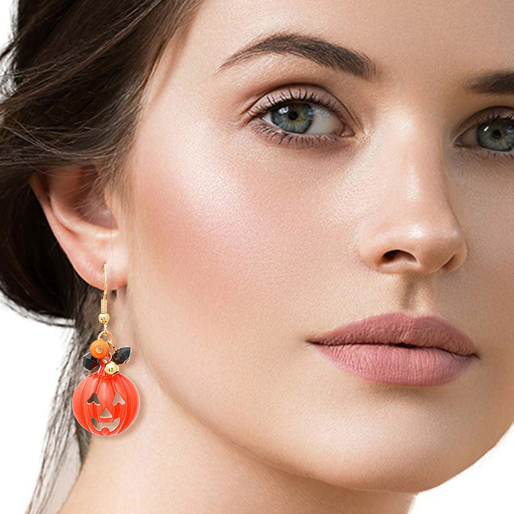 Fish Hook Earrings Orange Jack O Lantern Halloween Statement Jewelry
