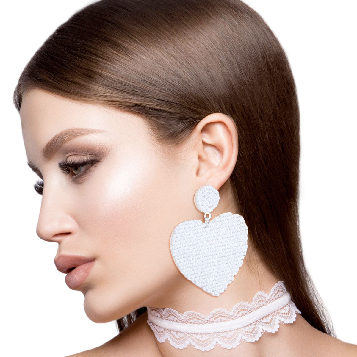 Seed Bead Heart Earrings White Stylish Statement Jewelry