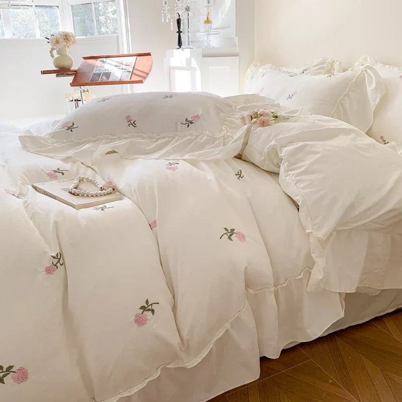 DecorBites™ Rose Embroidered Duvet Cover Set, Princess Style