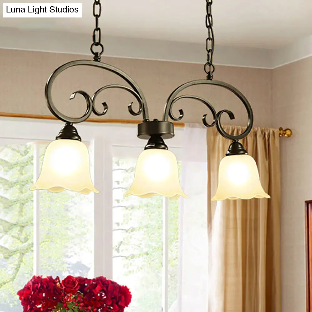 DecorBites™ Rustic Black Floral Swirls Pendant Island Lamp - 3 Lights, Frosted White Glass - Perfect for Restaurants