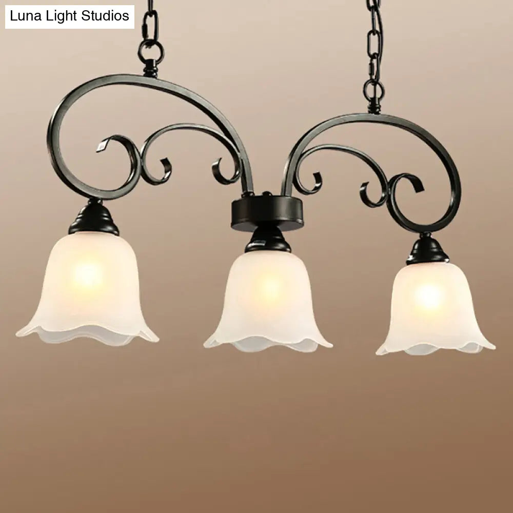 DecorBites™ Rustic Black Floral Swirls Pendant Island Lamp - 3 Lights, Frosted White Glass - Perfect for Restaurants