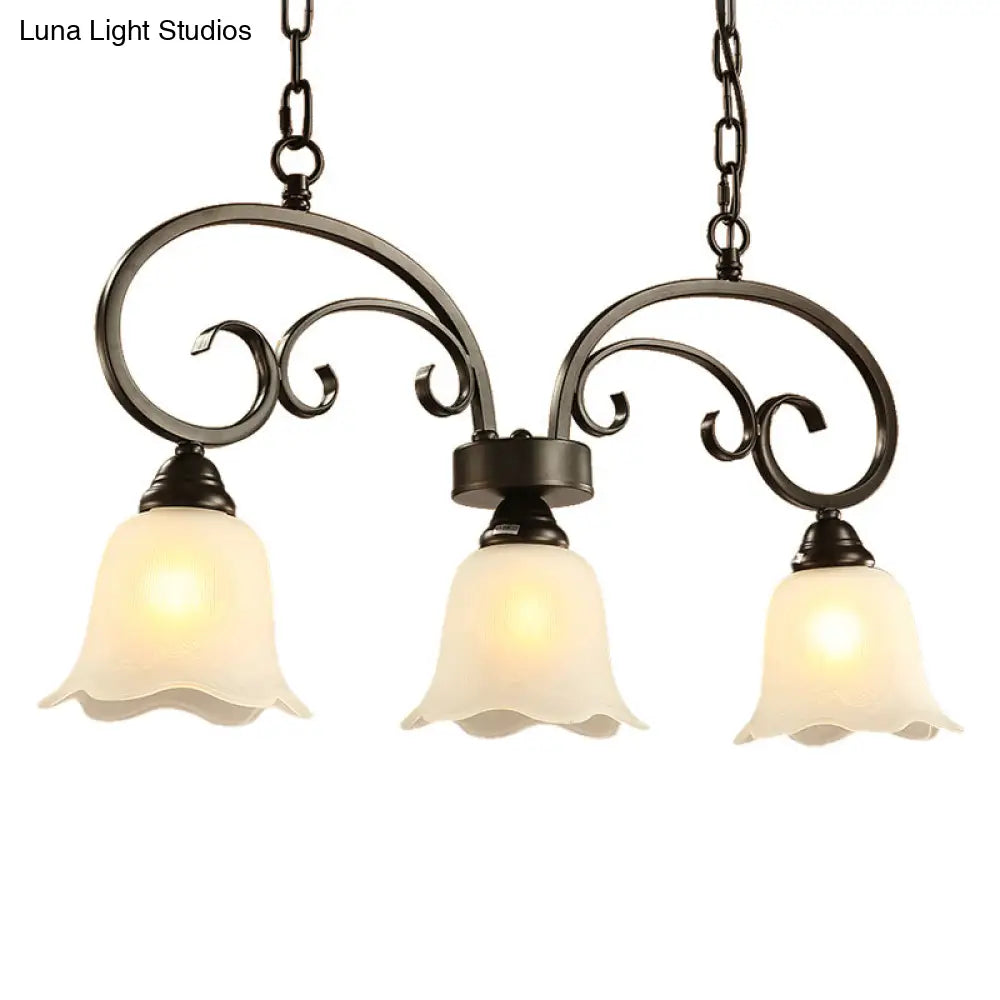 DecorBites™ Rustic Black Floral Swirls Pendant Island Lamp - 3 Lights, Frosted White Glass - Perfect for Restaurants