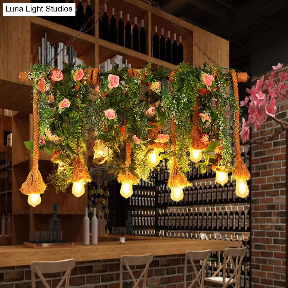 DecorBites™ Rustic Brown Hemp Rope Island Light with 10 Exposed Bulbs, Plant Decoration