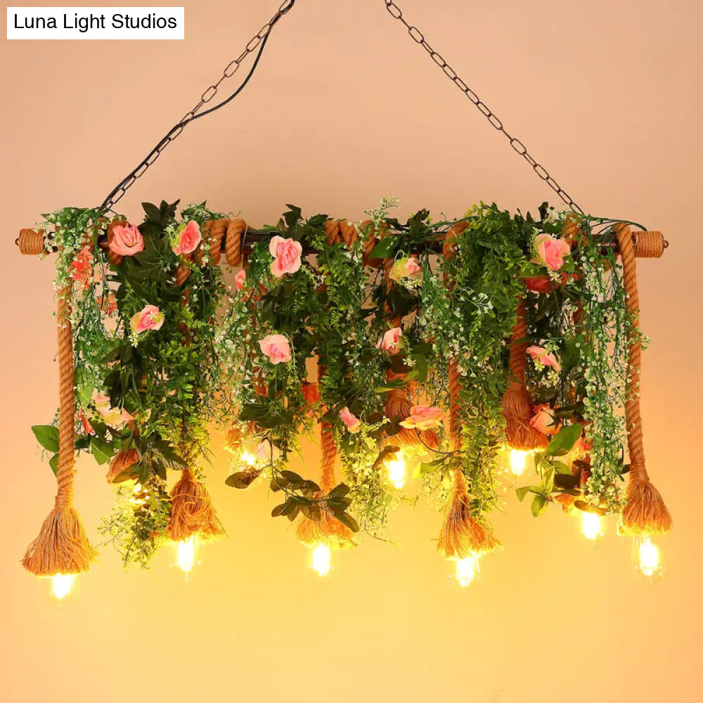 DecorBites™ Rustic Brown Hemp Rope Island Light with 10 Exposed Bulbs, Plant Decoration