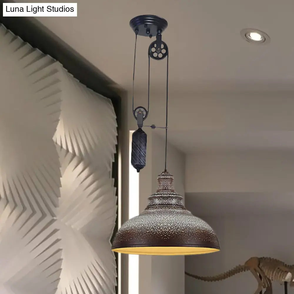 DecorBites™ Rustic Industrial Dome Pendant Lamp with Pulley - 1 Light Metal Fixture in Brown/Grey for Living Room Lighting