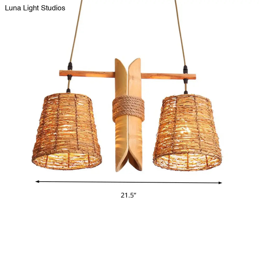 DecorBites™ Rustic Rattan Shade Pendant Light Fixture - 2 Bulbs - Countryside Island Lighting with Bamboo Design