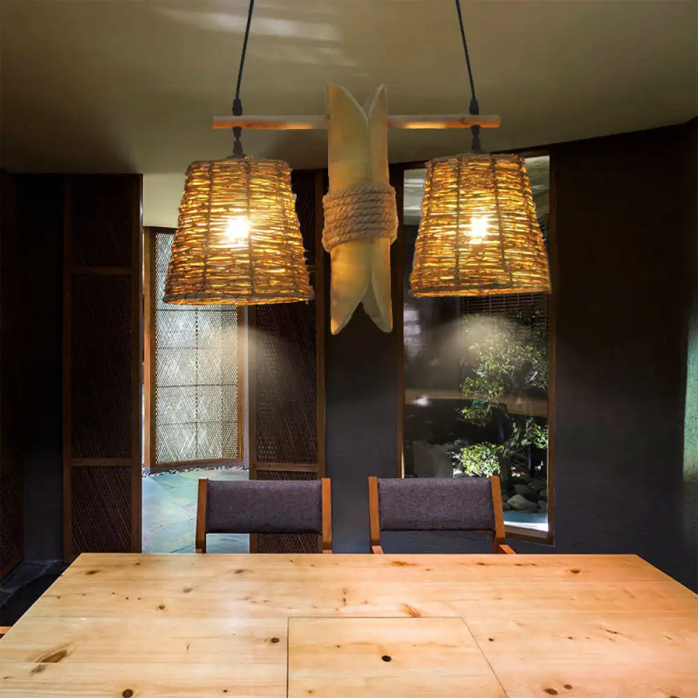 DecorBites™ Rustic Rattan Shade Pendant Light Fixture - 2 Bulbs - Countryside Island Lighting with Bamboo Design
