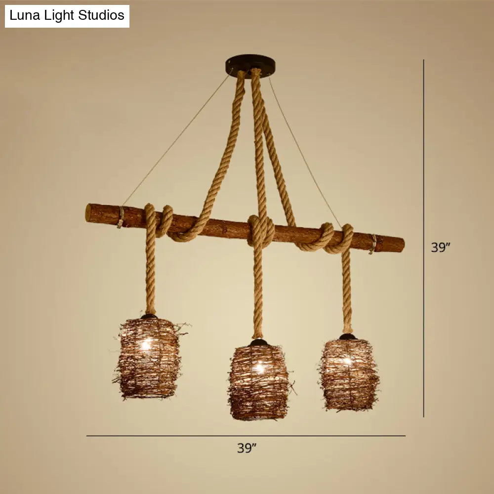 DecorBites™ Rustic Rattan Woven Island Pendant – 3-Bulb Dining Room Hanging Light Fixture in Wood