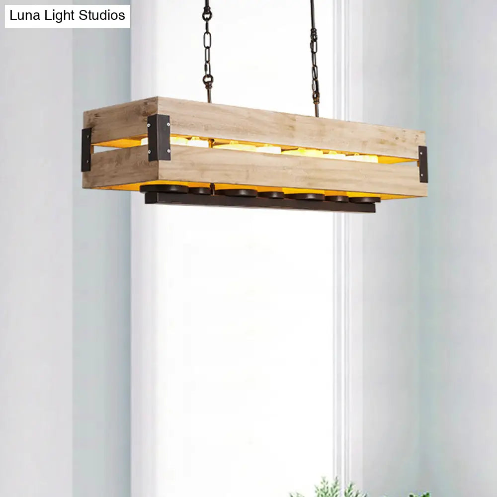 DecorBites™ Rustic Rectangular Wood Island Pendant - 7-Light Dining Room Hanging Lamp in Brown