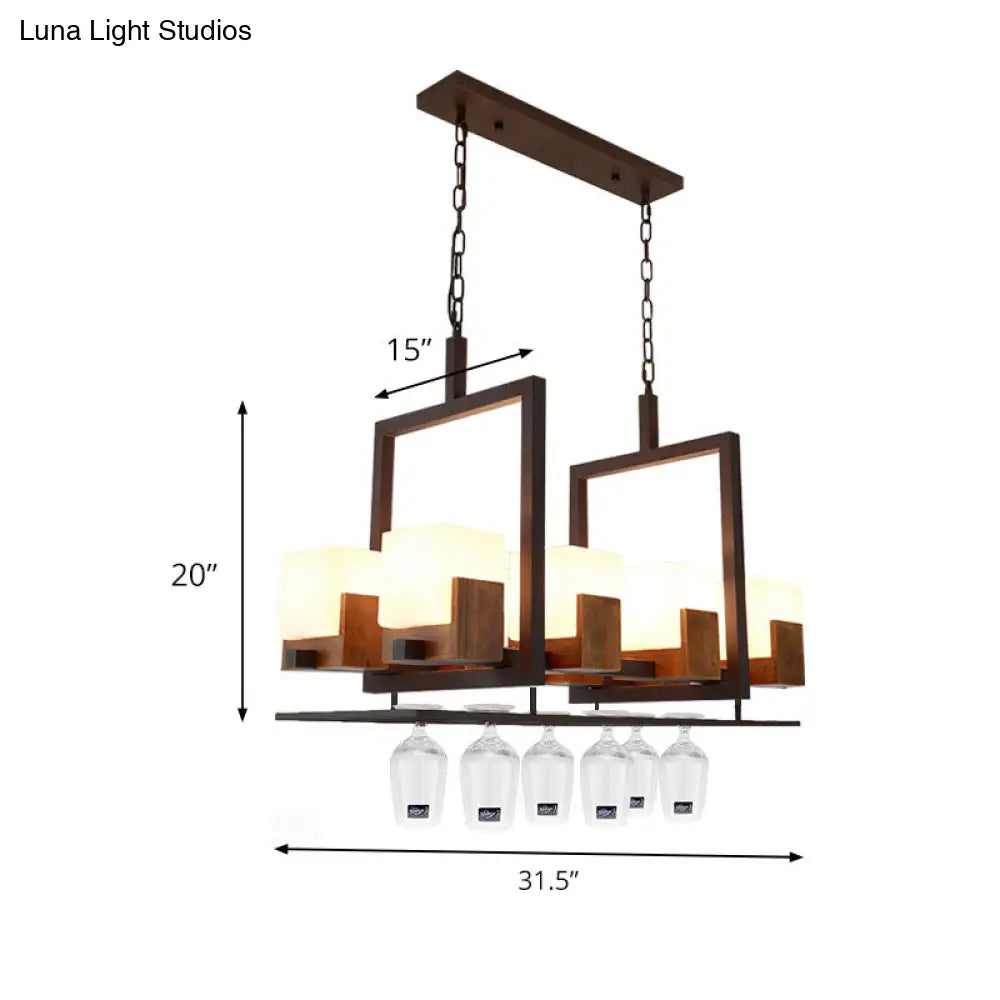 DecorBites™ Rustic White Glass Square Restaurant Island Light with 8 Lights & Bronze Ceiling Mount - with/without Wine Glasses