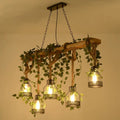DecorBites™ Rustic Wooden Brown Island Light with 5 Heads, Cage Shade, and Green Art Ivy Pendant