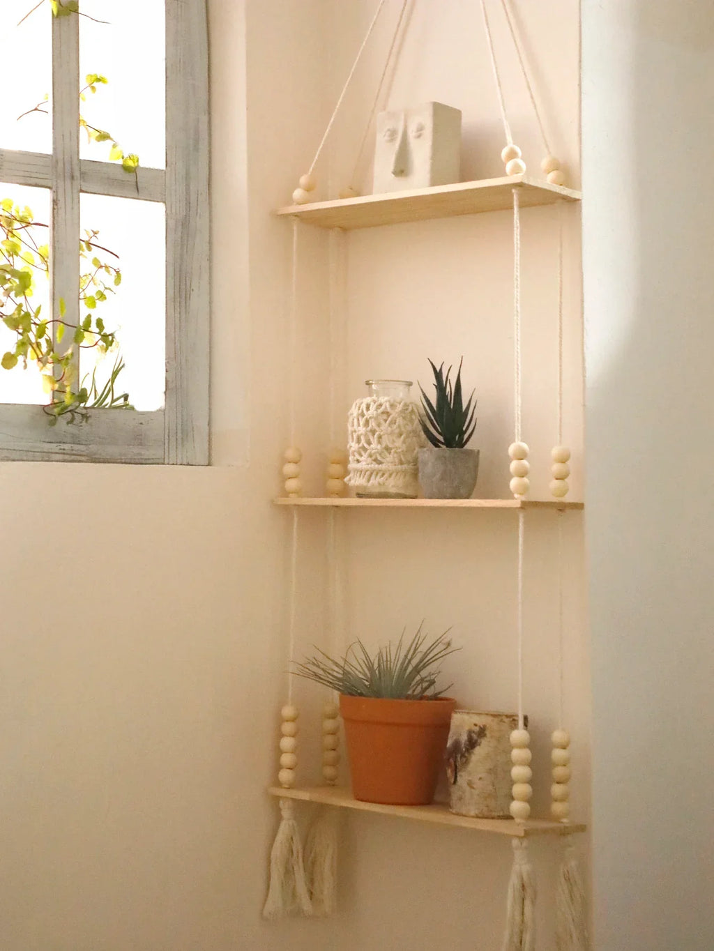DecorBites™ Rustic Wooden Wall Shelf with Hanging Plant Storage
