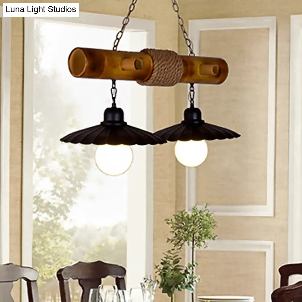 DecorBites™ Scalloped Hanging Lamp: 2 Heads, Countryside Black Rope and Bamboo Island Lighting for Dining Room