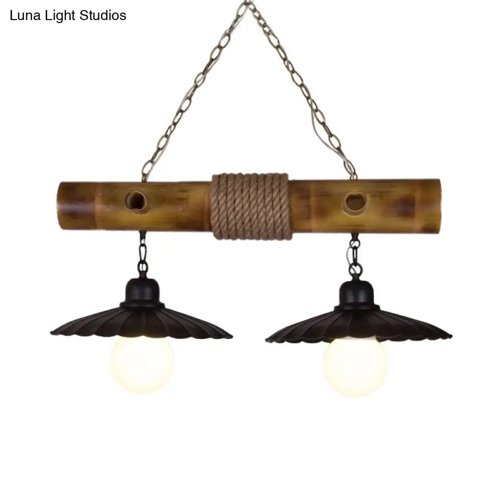 DecorBites™ Scalloped Hanging Lamp: 2 Heads, Countryside Black Rope and Bamboo Island Lighting for Dining Room