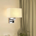 DecorBites™ Simple Single White/Flaxen Fabric Rectangle Wall Light with USB Charging Port and 3-Hole Socket