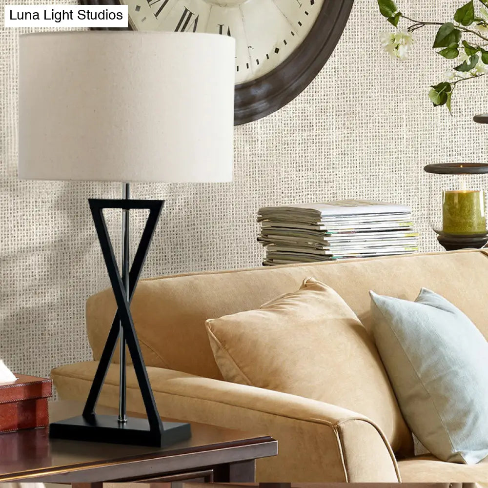 DecorBites™ Simplicity Fabric Drum Nightstand Lamp: 1-Light Bedside Table Light in White