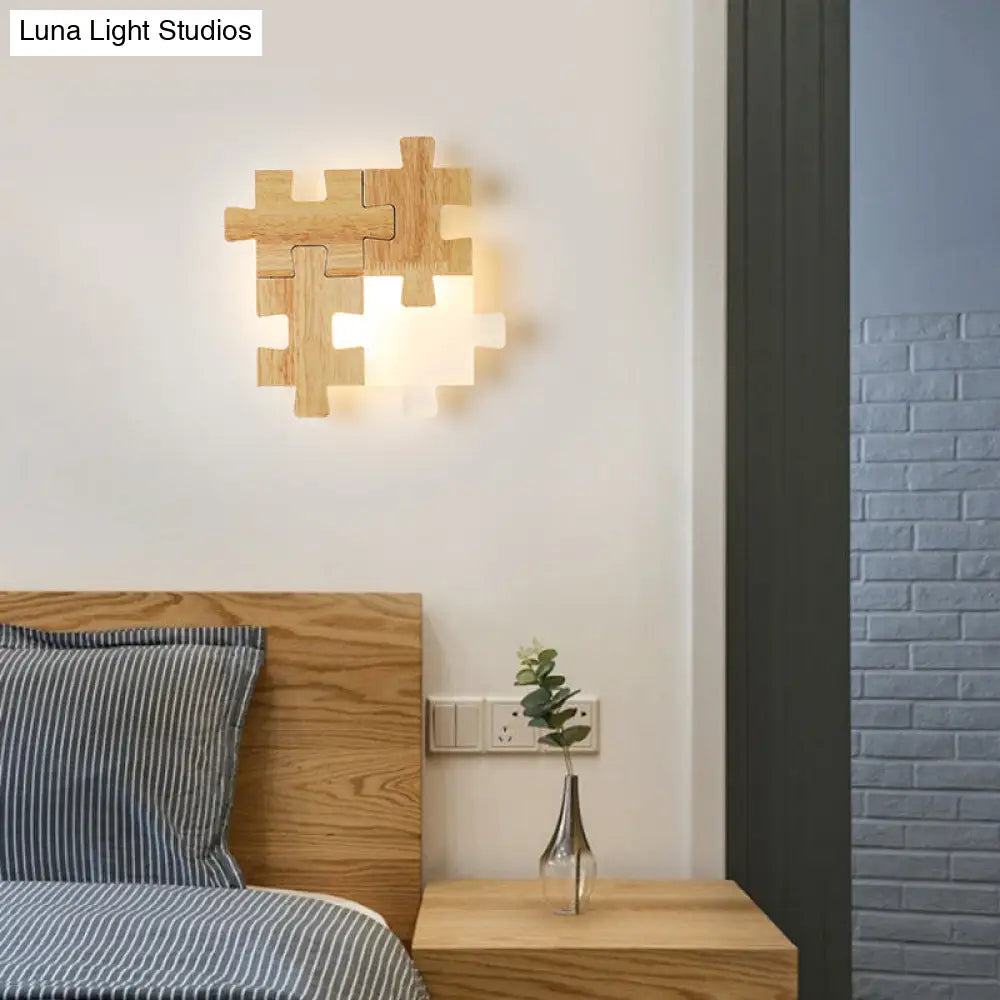 DecorBites™ Simplicity Wood Wall Sconce with Jigsaw Puzzle Design - Modern LED Lighting Fixture for Bedroom