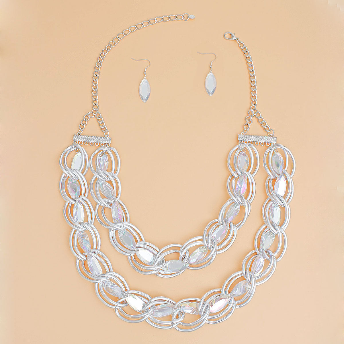 Double Linked Chain Necklace with Silver Crystal Set – Stylish Statement Jewelry