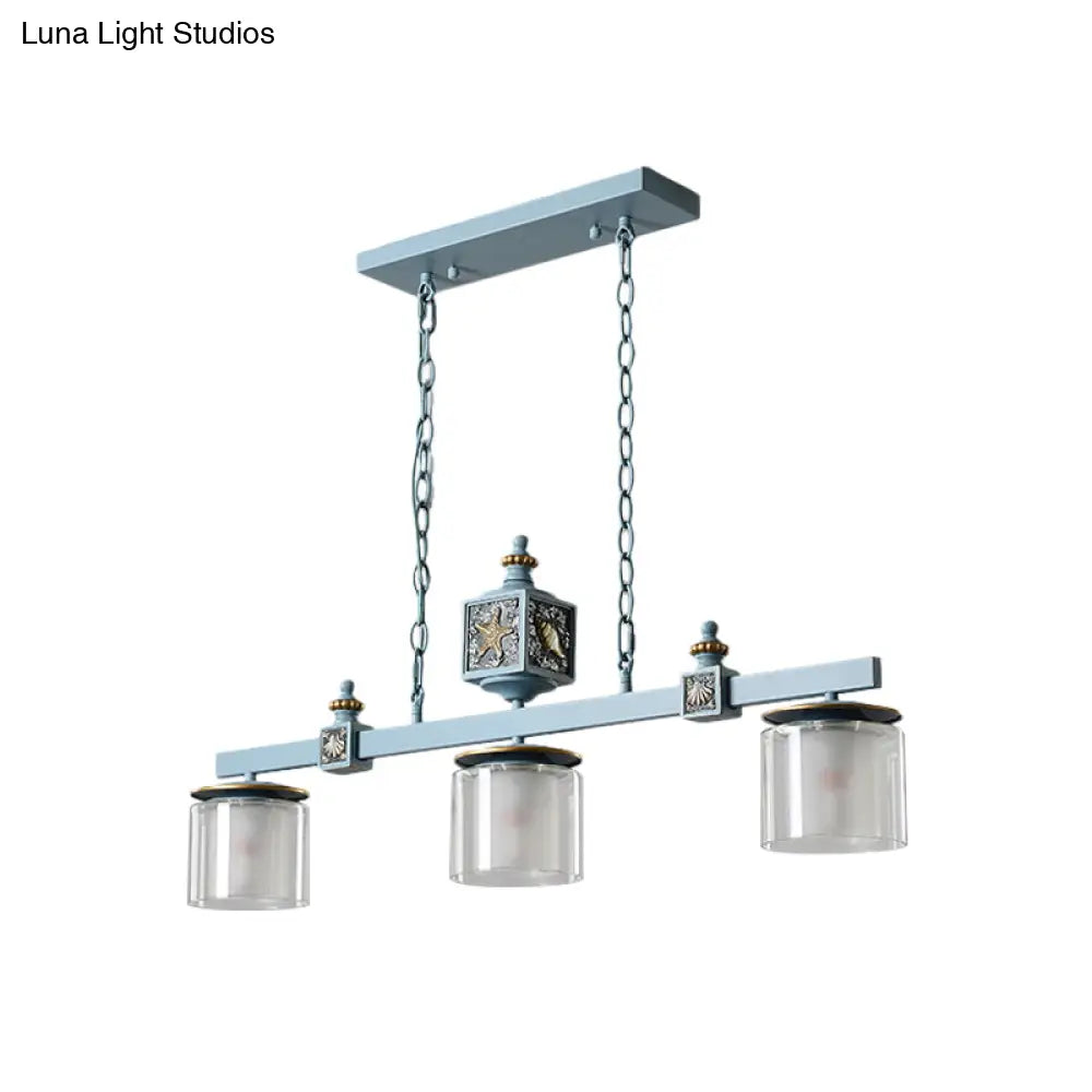DecorBites™ Sky Blue Dual Cylinder Parlor Island Pendant Lamp with Clear and Frosted Glass - 3 Bulbs