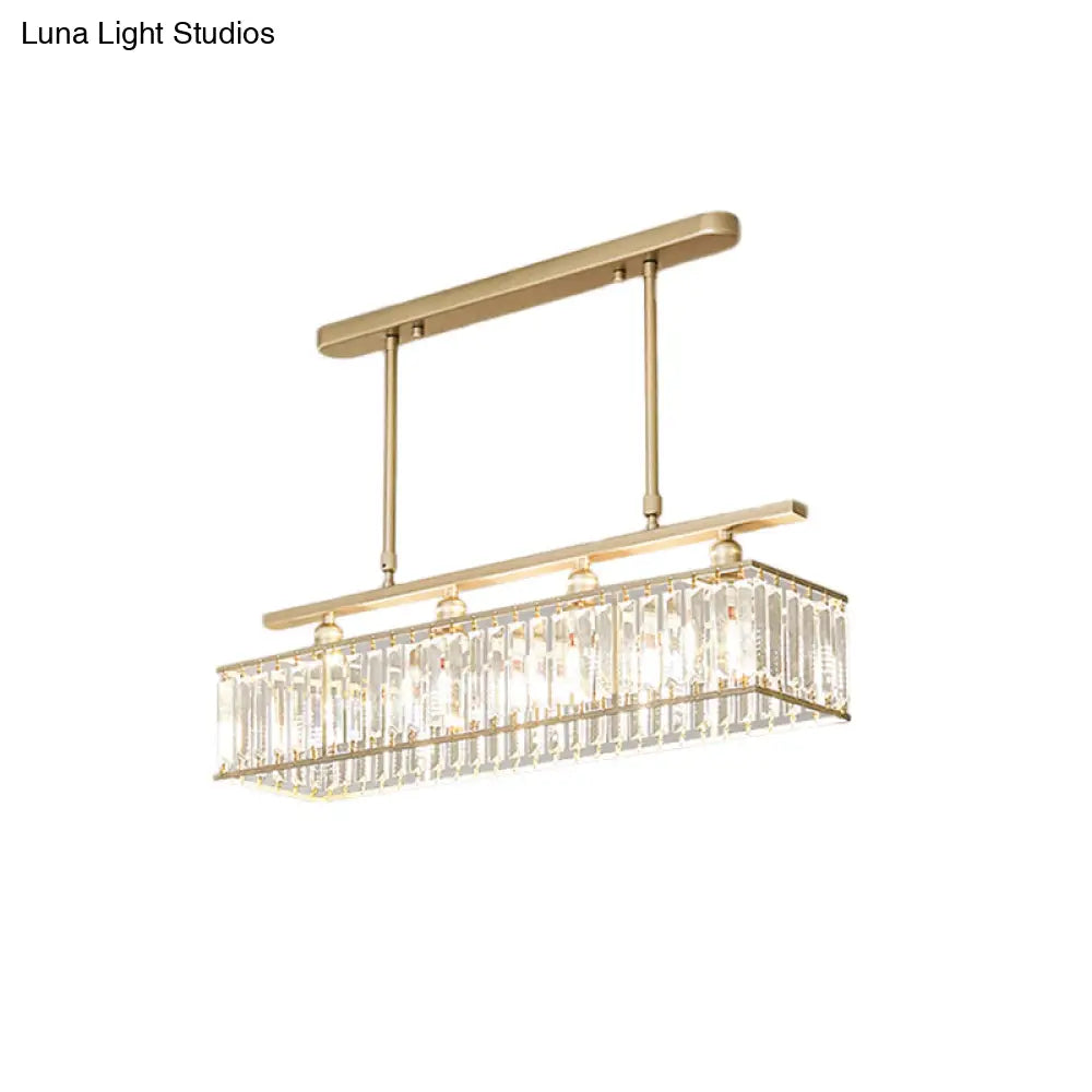 DecorBites™ Sleek 4-Head Island Light: Champagne/Black Rectangle Suspension with Crystal Prisms