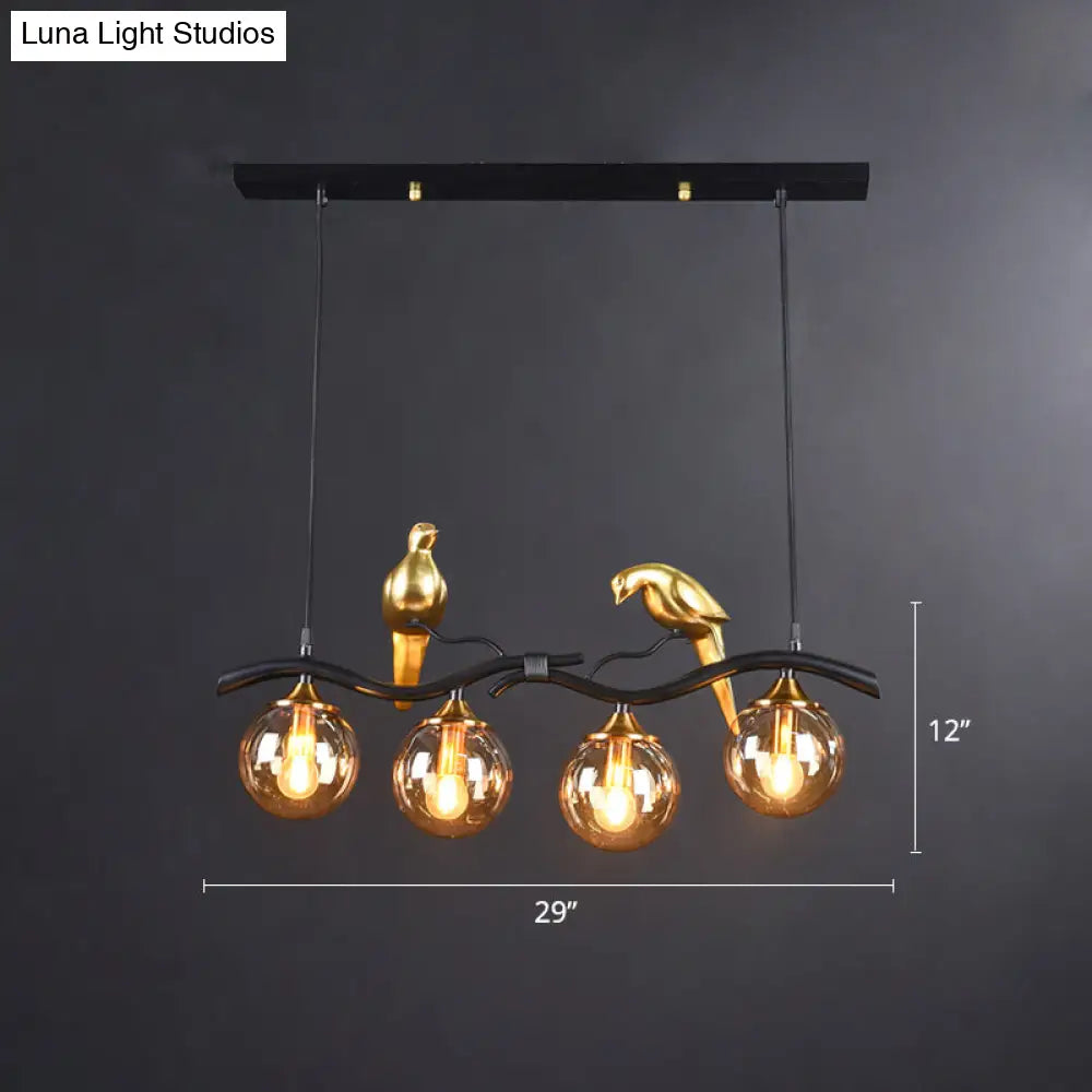 DecorBites™ Sleek Postmodern Glass Pendant Light with Twig and Bird Deco - 4-Bulb Ceiling Hanging Fixture