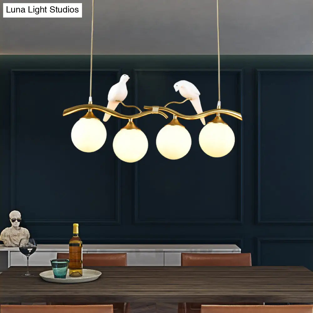 DecorBites™ Sleek Postmodern Glass Pendant Light with Twig and Bird Deco - 4-Bulb Ceiling Hanging Fixture