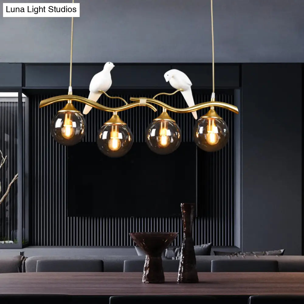 DecorBites™ Sleek Postmodern Glass Pendant Light with Twig and Bird Deco - 4-Bulb Ceiling Hanging Fixture