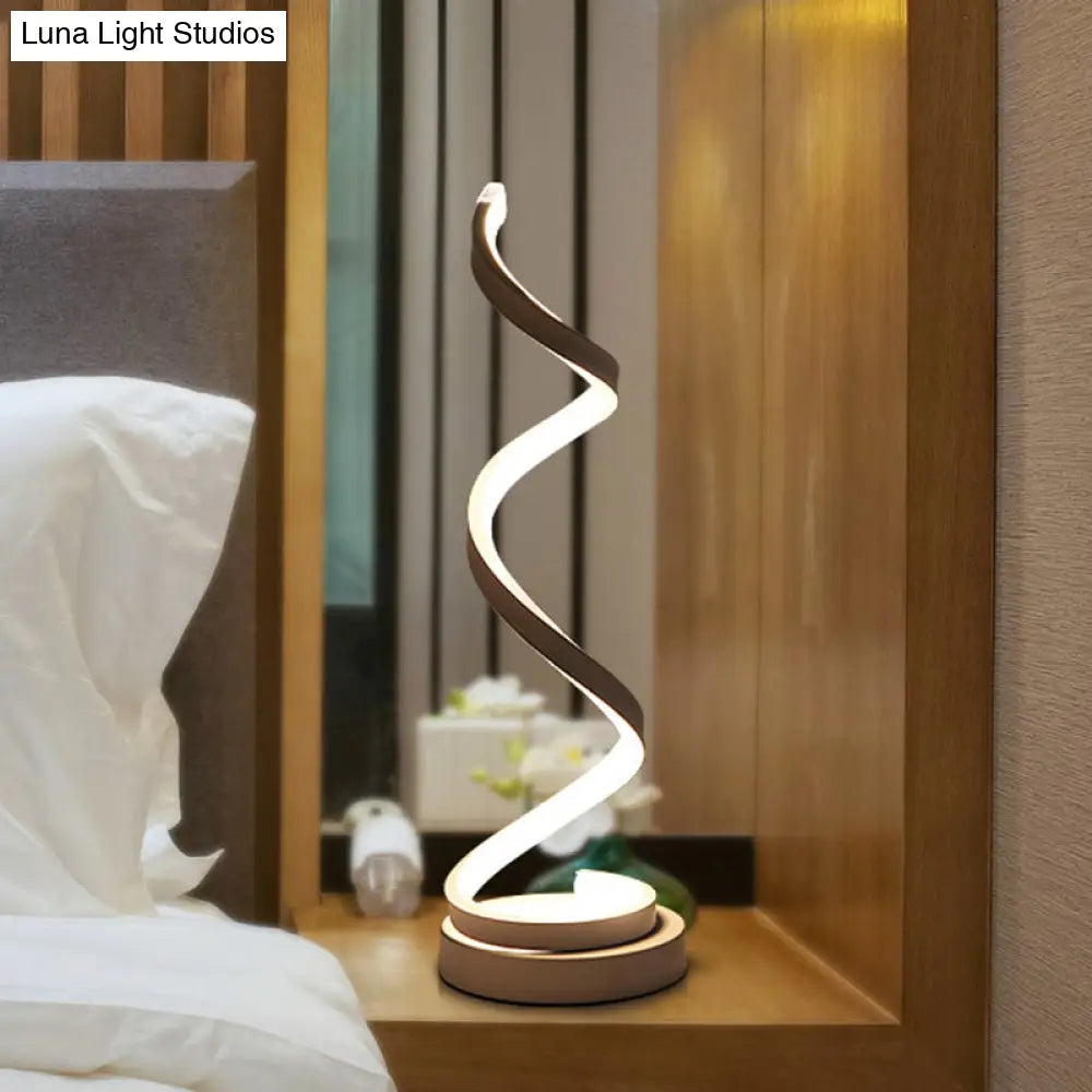 DecorBites™ Sleek Spiral Ribbon Metal Table Lamp: Simplicity Black/White/Gold LED Task Lighting with Circle Pedestal in Warm/White Light