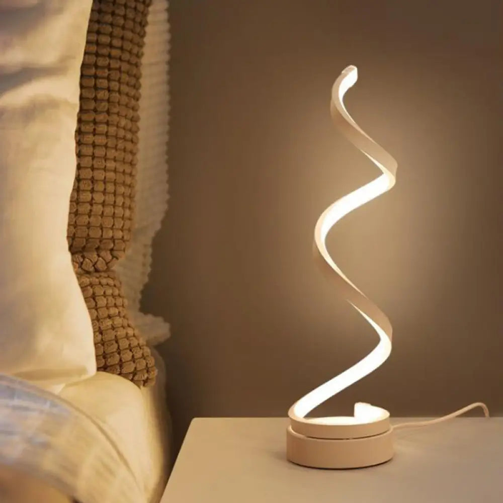 DecorBites™ Sleek Spiral Ribbon Metal Table Lamp: Simplicity Black/White/Gold LED Task Lighting with Circle Pedestal in Warm/White Light