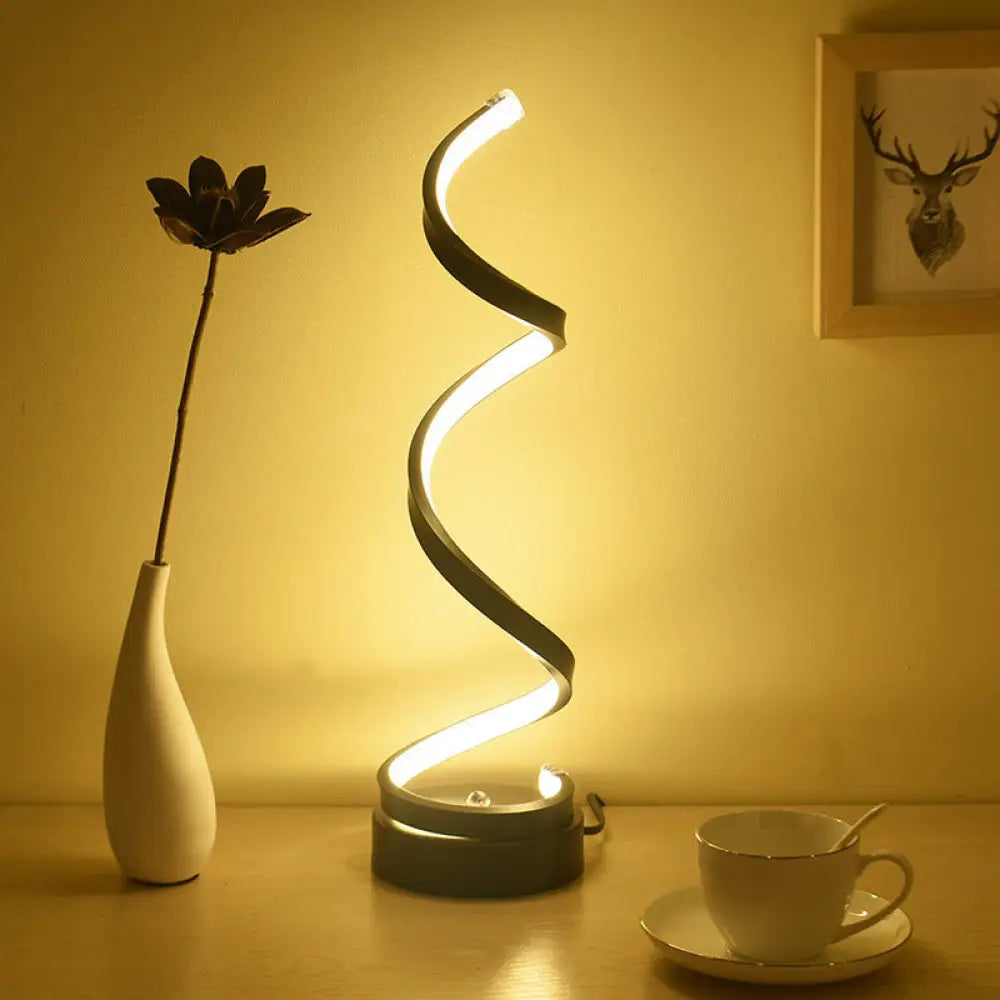 DecorBites™ Sleek Spiral Ribbon Metal Table Lamp: Simplicity Black/White/Gold LED Task Lighting with Circle Pedestal in Warm/White Light