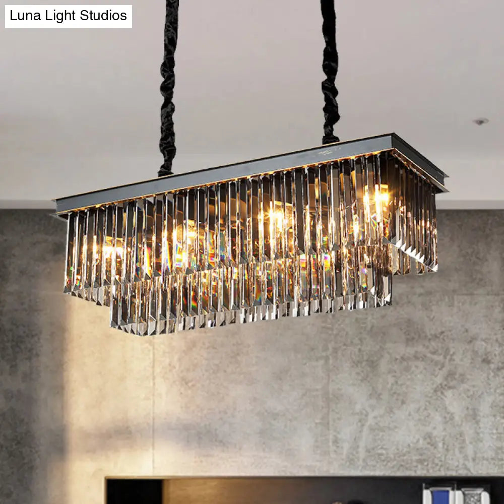 DecorBites™ Smoke Gray Crystal Block Rectangle Chandelier Lamp - Traditional, 8/11 Heads, Matte Black Hanging Light for Dining Room