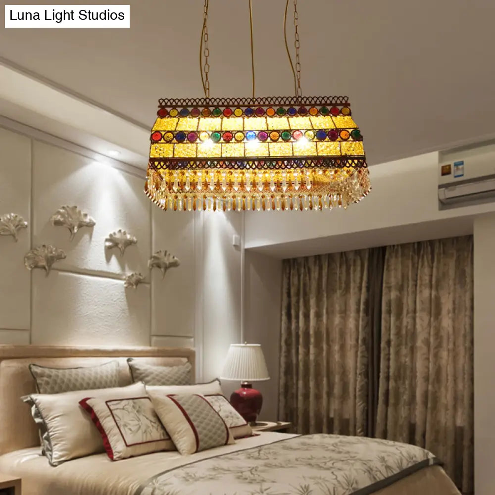 DecorBites™ Southeast Asian Crystal Drop Rectangle Living Room Pendant Light with 3 Yellow Island Heads