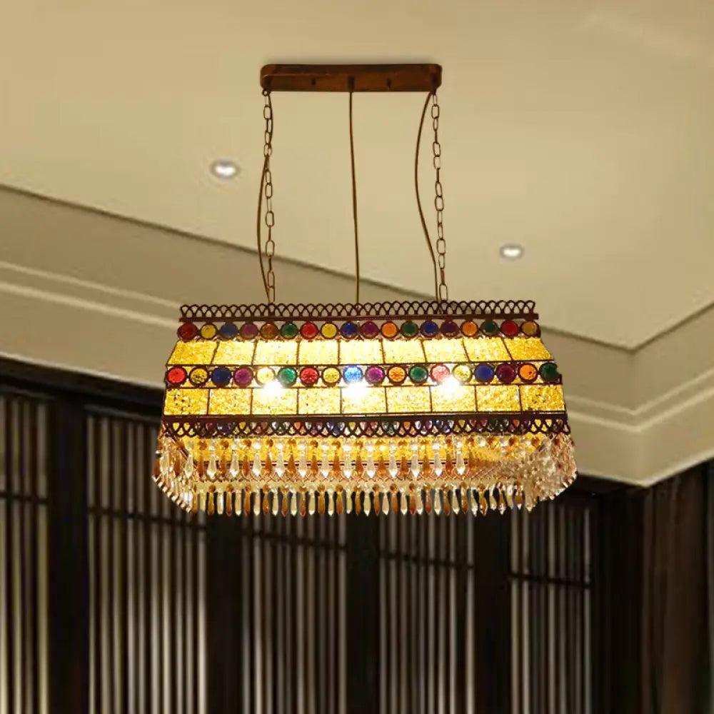 DecorBites™ Southeast Asian Crystal Drop Rectangle Living Room Pendant Light with 3 Yellow Island Heads