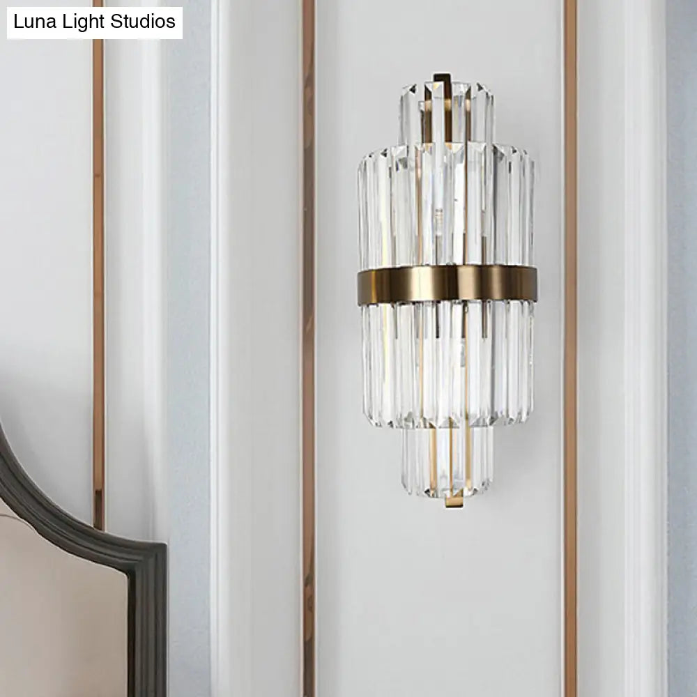 DecorBites™ Spool Wall Sconce Light - Modern Faceted Clear Crystal Prism - 2 Lights - Brass Finish