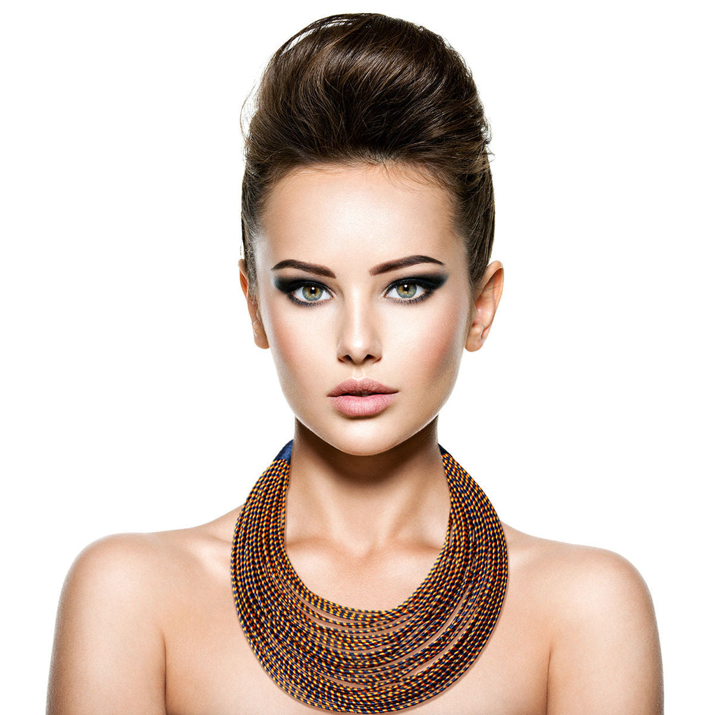Layered Blue Tribal Wrapped Statement Necklace, Trendy Fashion Jewelry