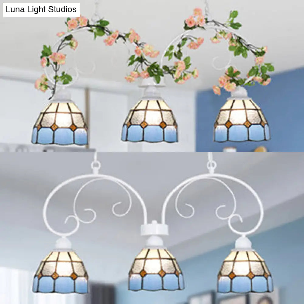 DecorBites™ Tiffany Dome Shade Island Pendant Light with Stainless Glass - 3 Lights - Pink/White - Stylish Fixture for Dining Room