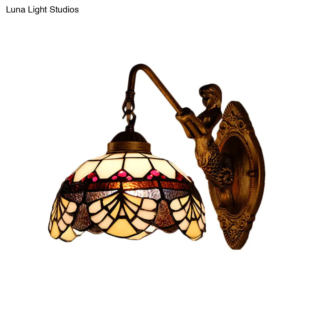 DecorBites™ Tiffany Gold Cut Glass Wall Sconce with Scalloped Dome and Mermaid Arm