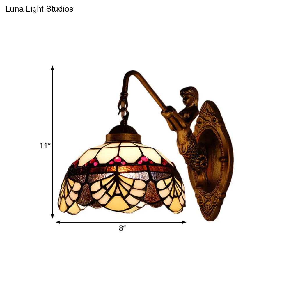 DecorBites™ Tiffany Gold Cut Glass Wall Sconce with Scalloped Dome and Mermaid Arm