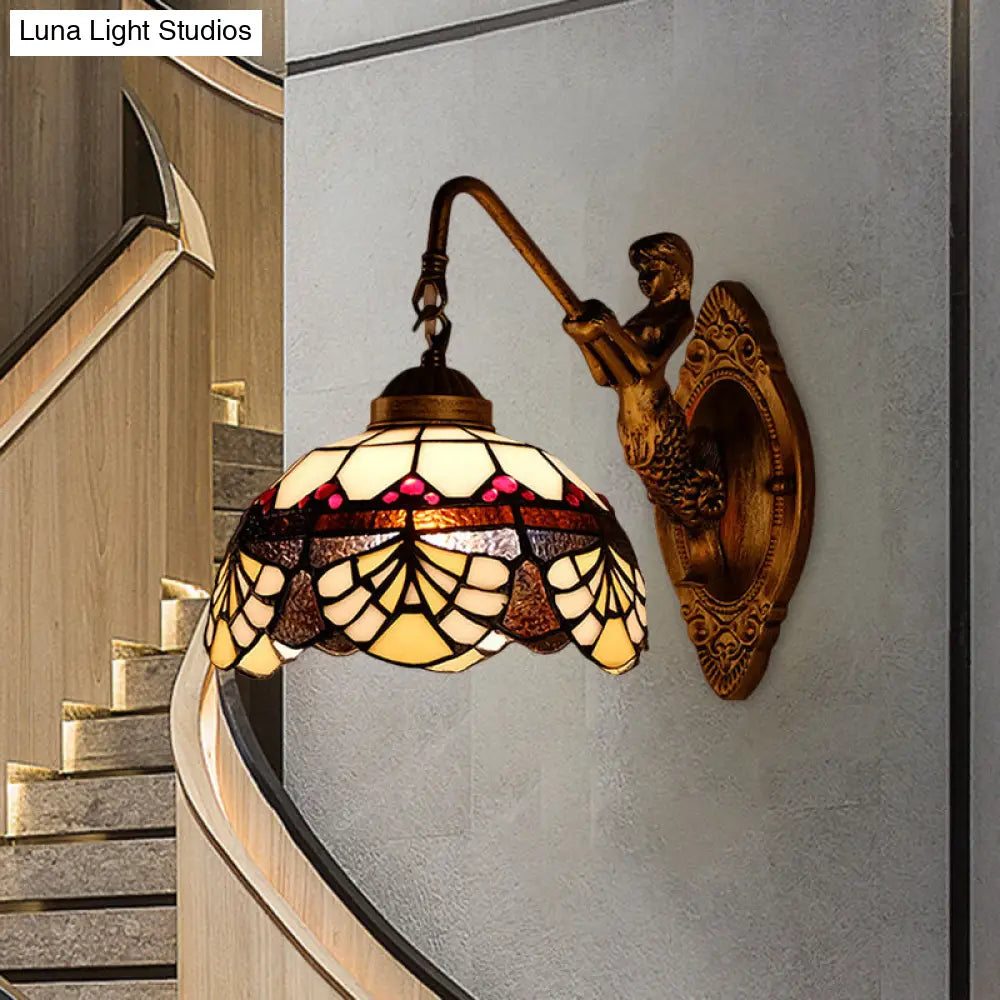 DecorBites™ Tiffany Gold Cut Glass Wall Sconce with Scalloped Dome and Mermaid Arm