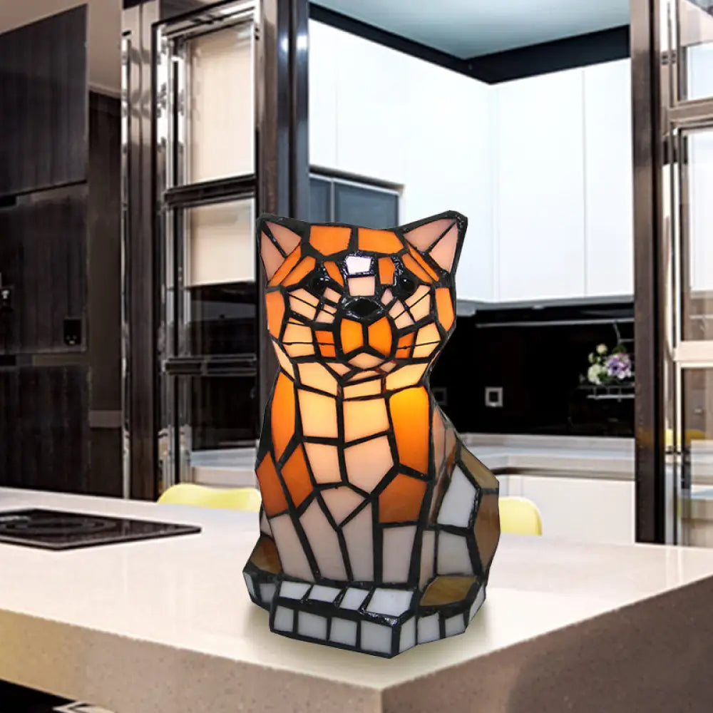 DecorBites™ Tiffany Stained Glass Brown Cat Shade Accent Lamp – Colorful Bedside Table Lamp with 1 Light