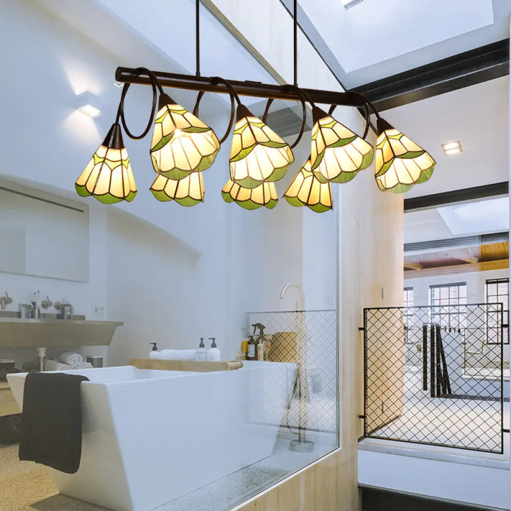 DecorBites™ Tiffany Style Beige Conical Island Lighting Fixture - 8-Light Stainless Glass Hanging Lamp for Dining Room