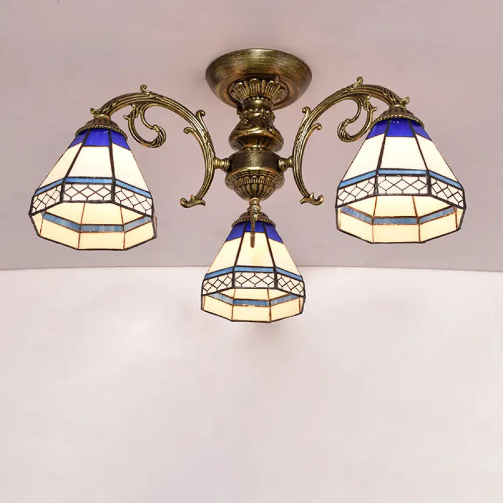 DecorBites™ Tiffany Style Ceiling Light - Blue Stained Glass Bell Shade - Semi Flush Mount Fixture with 3 Heads