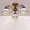 DecorBites™ Tiffany Style Ceiling Light - Blue Stained Glass Bell Shade - Semi Flush Mount Fixture with 3 Heads