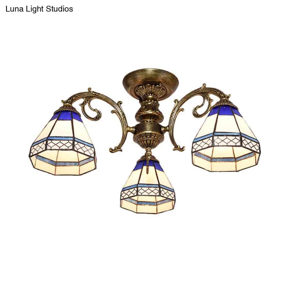 DecorBites™ Tiffany Style Ceiling Light - Blue Stained Glass Bell Shade - Semi Flush Mount Fixture with 3 Heads