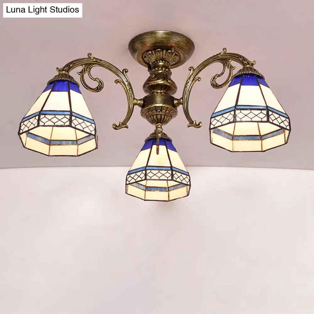 DecorBites™ Tiffany Style Ceiling Light - Blue Stained Glass Bell Shade - Semi Flush Mount Fixture with 3 Heads
