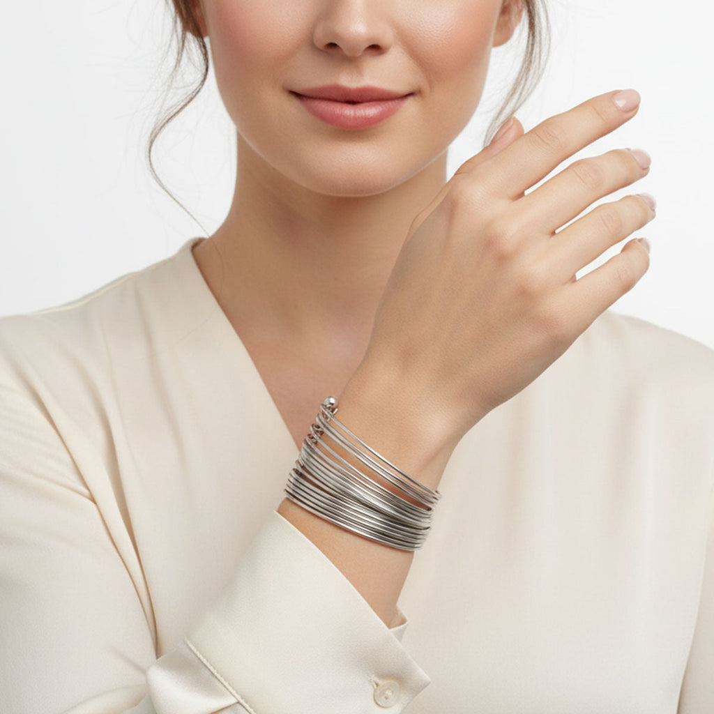 Stacked 19 Row Silver Cuff Bangle Bracelet Women’s Stylish Statement Jewelry