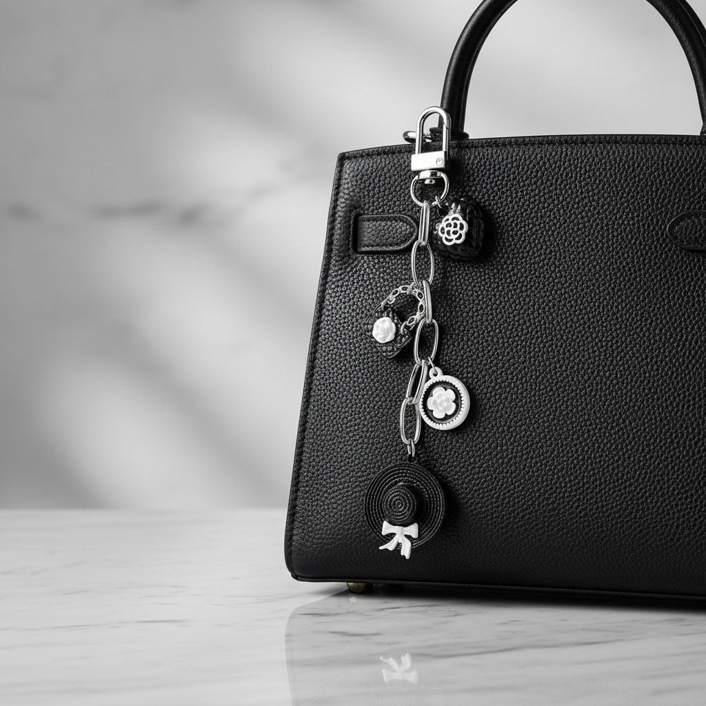 Fashion Keychain Bag Clip with Black and White Camellia Charms, Stylish Accessory