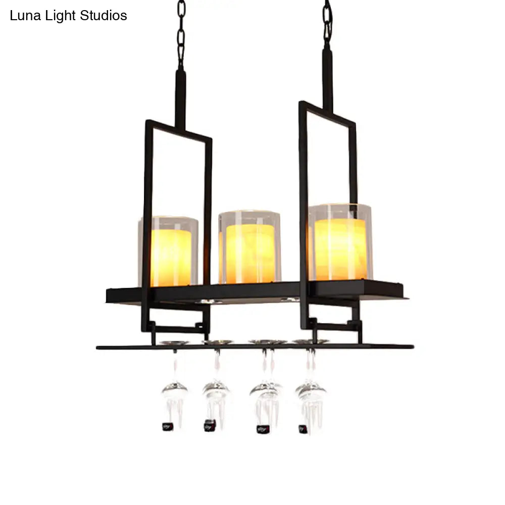 DecorBites™ Traditional Black Marble Pendant Light with Metal Wine Glass Rack - 3/5 Heads Cylinder Island Fixture
